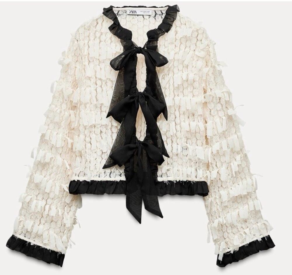 ZARA Contrasting Fringe Cardigan Jacket Top Size Small Viral Blogger Favorite